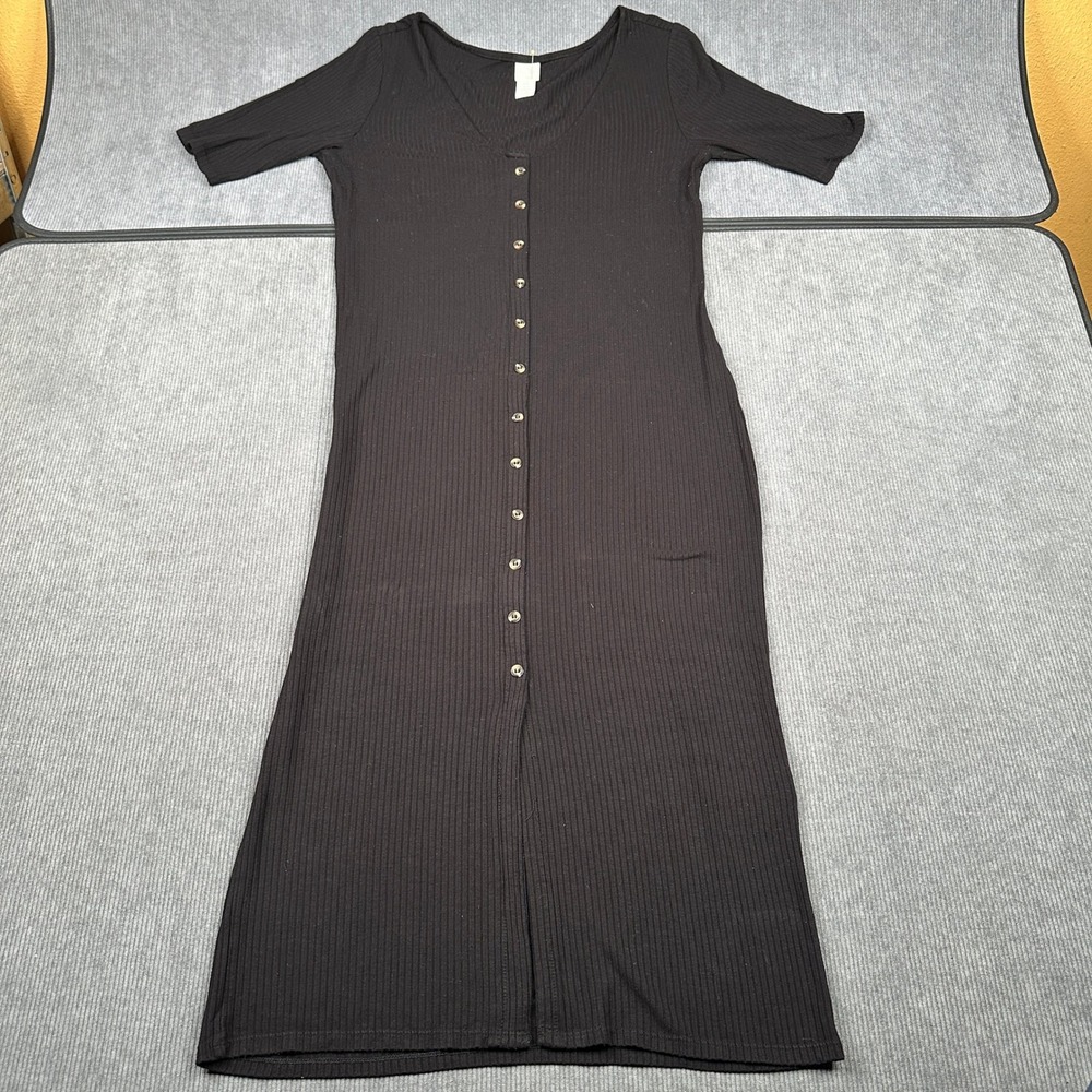Y2k HM Black Ribbed Knit Button Down V-Neck Midi Dress Short Sleeve Womens